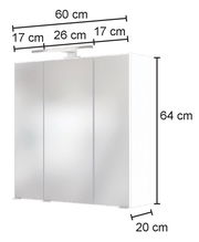 Spiegelschrank mit drei Türen, 60 cm breit, 64 cm hoch, 20 cm tief, mit LED-Leuchte, Frontalansicht