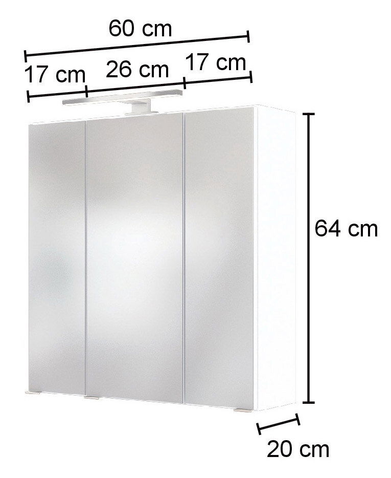 Spiegelschrank mit drei Türen, 60 cm breit, 64 cm hoch, 20 cm tief, mit LED-Leuchte, Frontalansicht