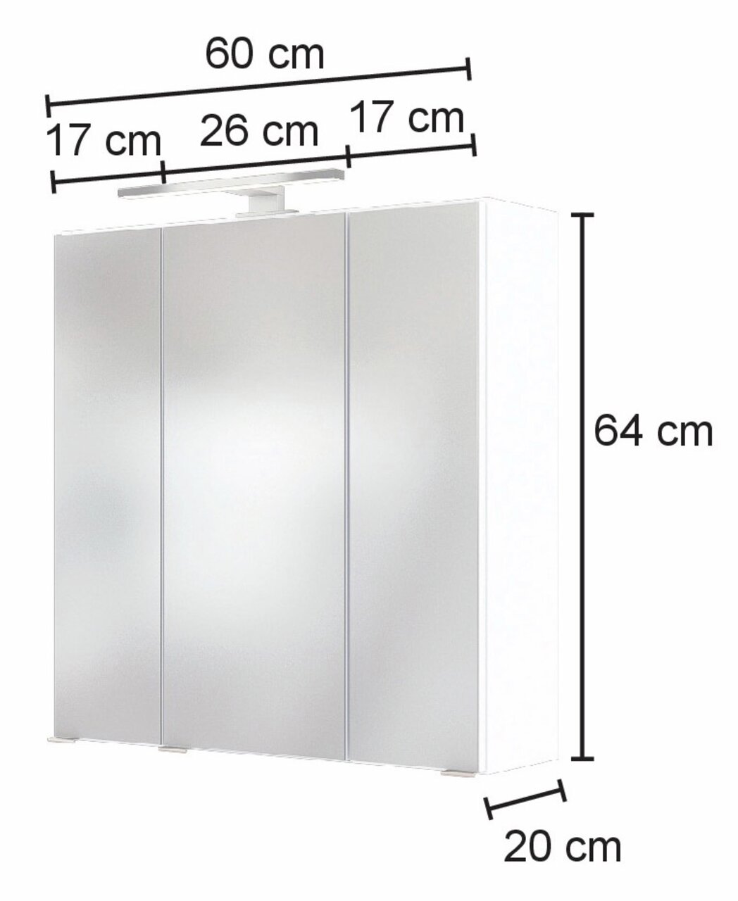 Spiegelschrank mit drei Türen, 60 cm breit, 64 cm hoch, 20 cm tief, mit LED-Leuchte, Frontalansicht