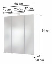 Spiegelschrank mit drei Türen, 60 cm breit, 64 cm hoch, 20 cm tief, mit LED-Leuchte, Frontalansicht