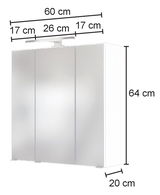 Spiegelschrank mit drei Türen, 60 cm breit, 64 cm hoch, 20 cm tief, mit LED-Leuchte, Frontalansicht
