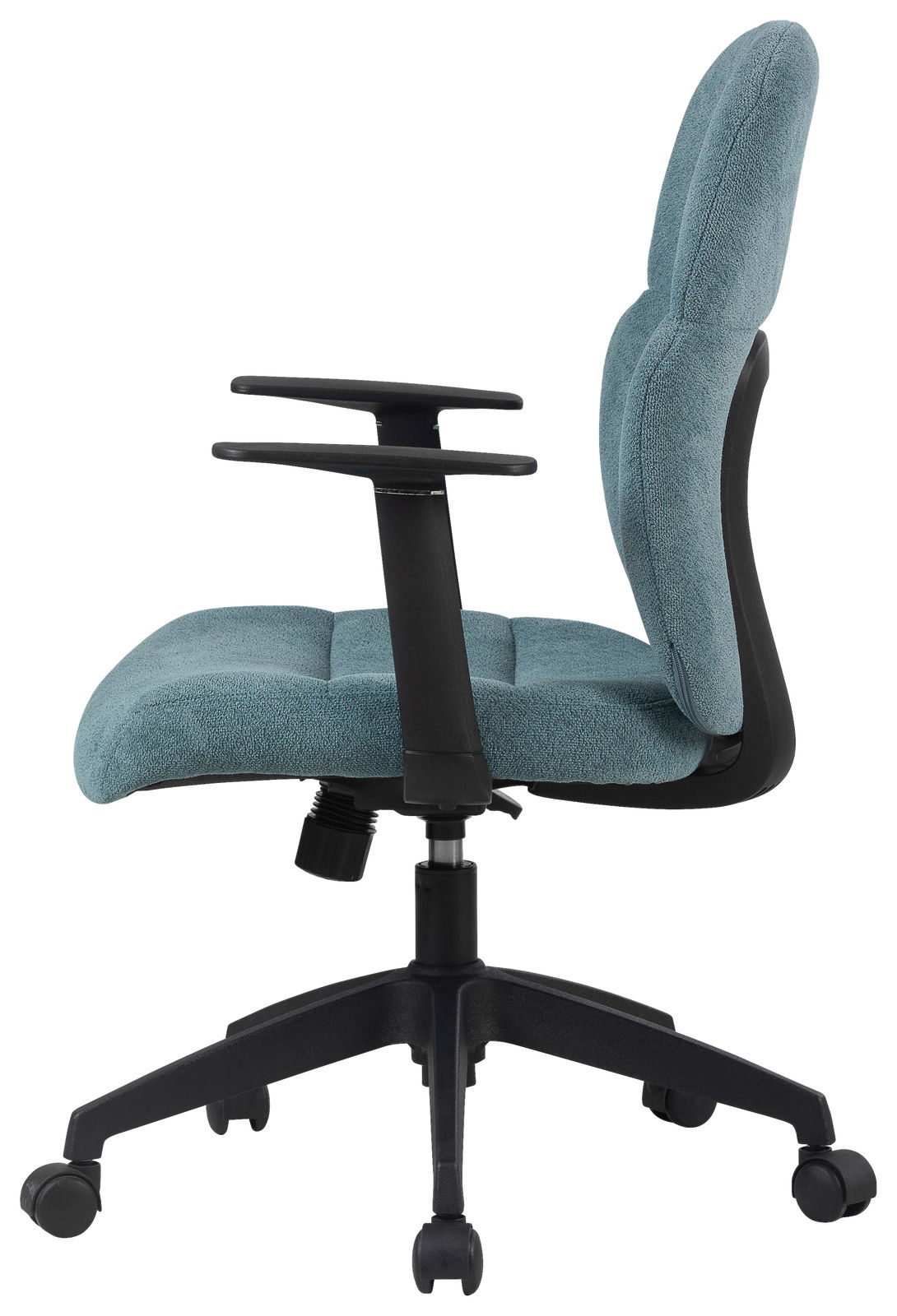 Bürodrehstuhl in Seitenansicht mit gepolstertem Sitz und Rückenlehne in Blaugrün, schwarzen Armlehnen und Rollen.