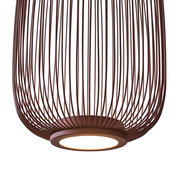Moderne LED-Hängeleuchte mit braunem, drahtigem Design, von unten betrachtet.
