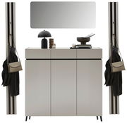 Frontale Ansicht eines modernen Garderoben-Sets in Kaschmirfarbe mit Spiegel, Schrank und Hakenleisten.