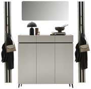 Frontale Ansicht eines modernen Garderoben-Sets in Kaschmirfarbe mit Spiegel, Schrank und Hakenleisten.