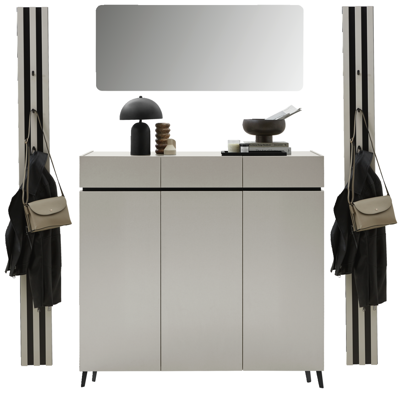 Frontale Ansicht eines modernen Garderoben-Sets in Kaschmirfarbe mit Spiegel, Schrank und Hakenleisten.