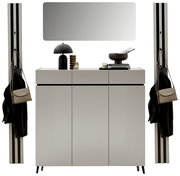 Frontale Ansicht eines modernen Garderoben-Sets in Kaschmirfarbe mit Spiegel, Schrank und Hakenleisten.