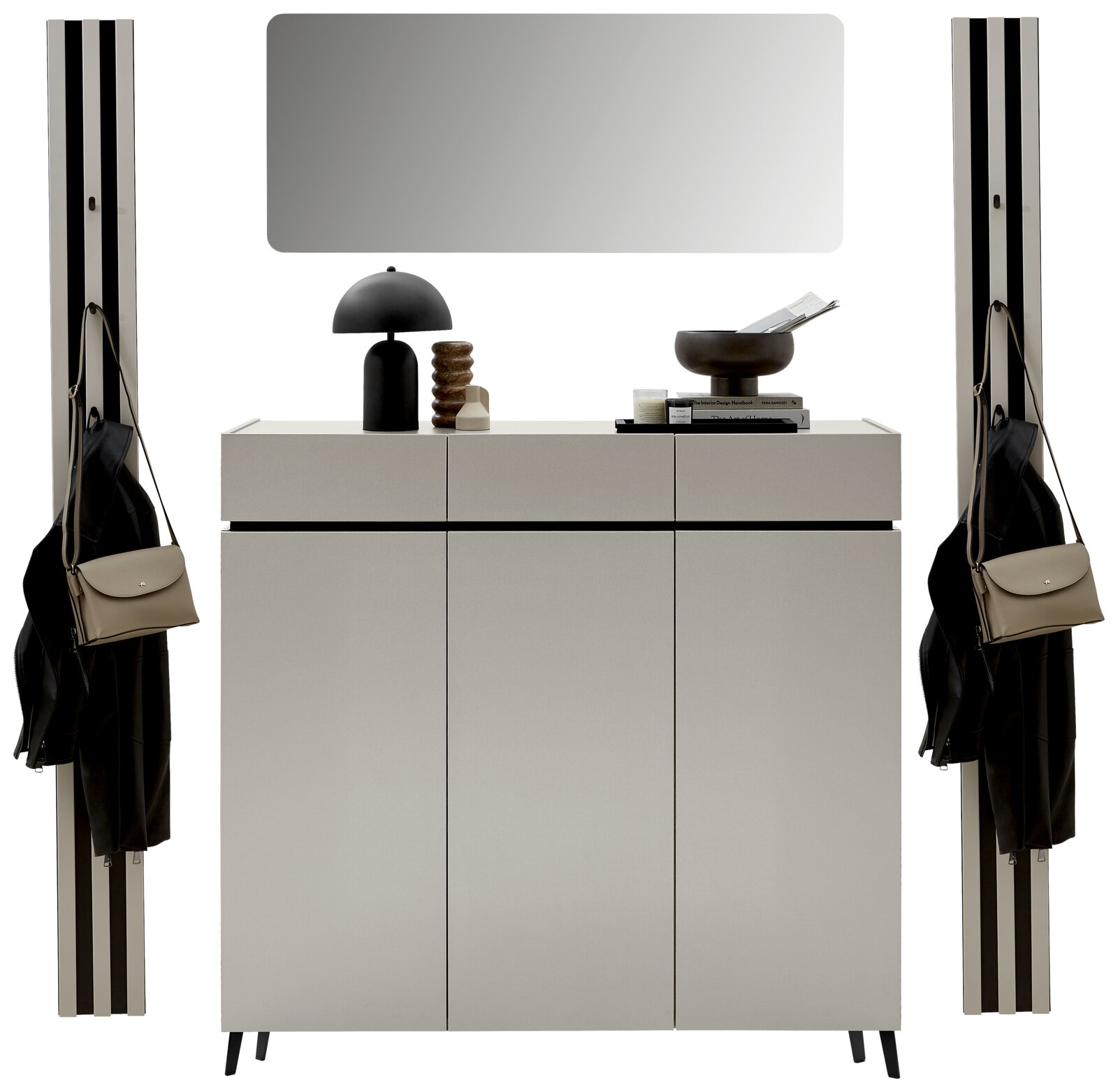 Frontale Ansicht eines modernen Garderoben-Sets in Kaschmirfarbe mit Spiegel, Schrank und Hakenleisten.