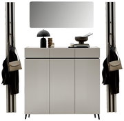 Frontale Ansicht eines modernen Garderoben-Sets in Kaschmirfarbe mit Spiegel, Schrank und Hakenleisten.