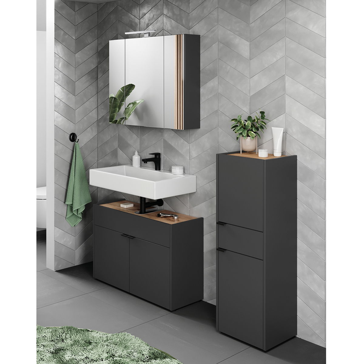 MID.YOU Badmöbel-Set FORANO Modernes Badezimmer-Set mit Waschbecken, Spiegel und Schränken in dunklem Design, seitliche Perspektive