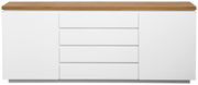 Frontale Ansicht eines weißen XL-Sideboards mit Holzplatte, zwei Türen und vier Schubladen.