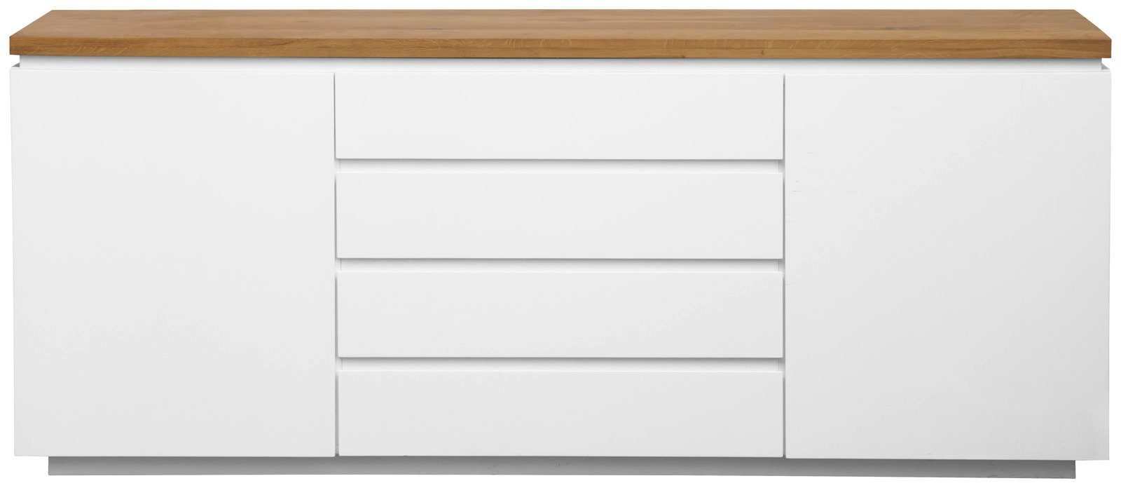 Frontale Ansicht eines weißen XL-Sideboards mit Holzplatte, zwei Türen und vier Schubladen.