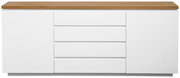 Frontale Ansicht eines weißen XL-Sideboards mit Holzplatte, zwei Türen und vier Schubladen.