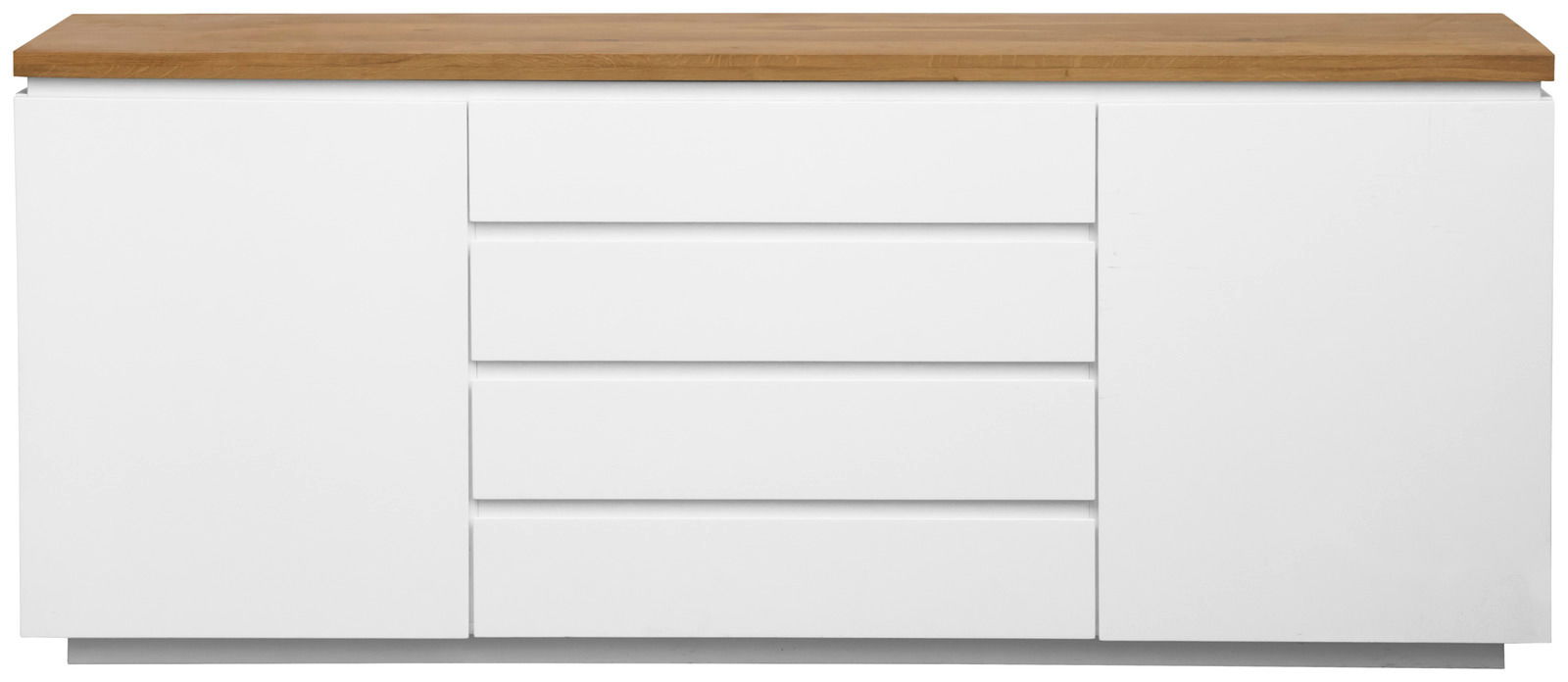 Frontale Ansicht eines weißen XL-Sideboards mit Holzplatte, zwei Türen und vier Schubladen.