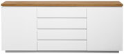 Vooraanzicht van een wit XL-dressoir met houten blad, twee deuren en vier lades.