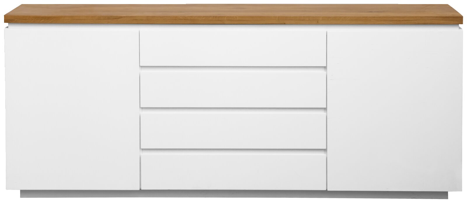 Vooraanzicht van een wit XL-dressoir met houten blad, twee deuren en vier lades.