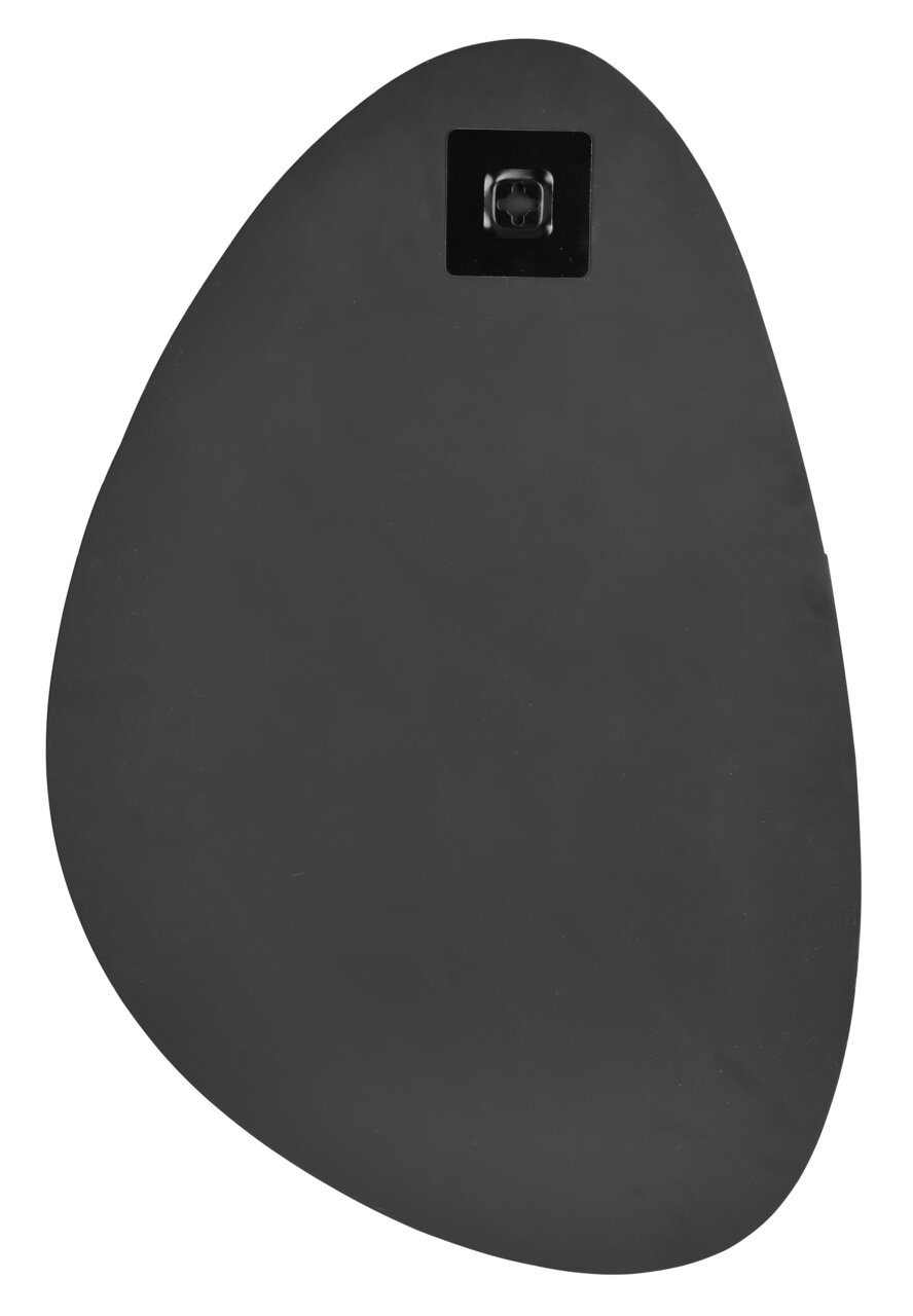 Rückansicht eines unregelmäßig geformten Spiegels mit schwarzer Rückseite und Aufhängung.