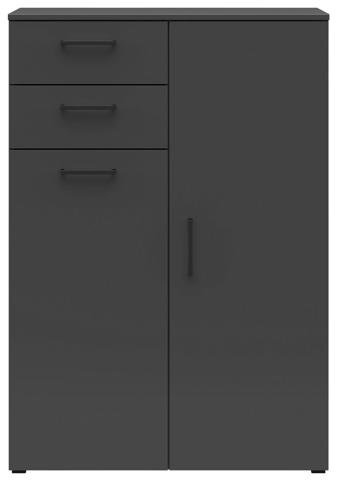 Schwarze Kommode mit zwei Schubladen und einer Tür, Frontalansicht