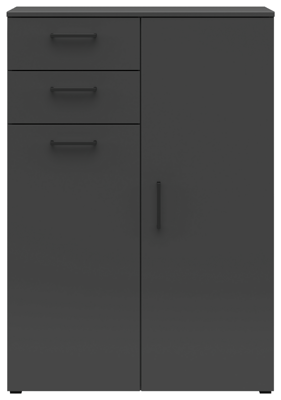 Schwarze Kommode mit zwei Schubladen und einer Tür, Frontalansicht