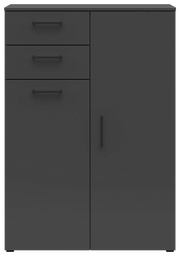 Schwarze Kommode mit zwei Schubladen und einer Tür, Frontalansicht