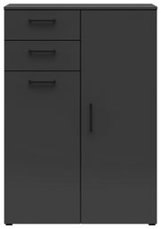 Schwarze Kommode mit zwei Schubladen und einer Tür, Frontalansicht