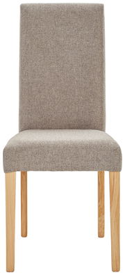 Frontansicht eines gepolsterten Stuhls mit hellbraunem Stoffbezug und Holzbeinen.