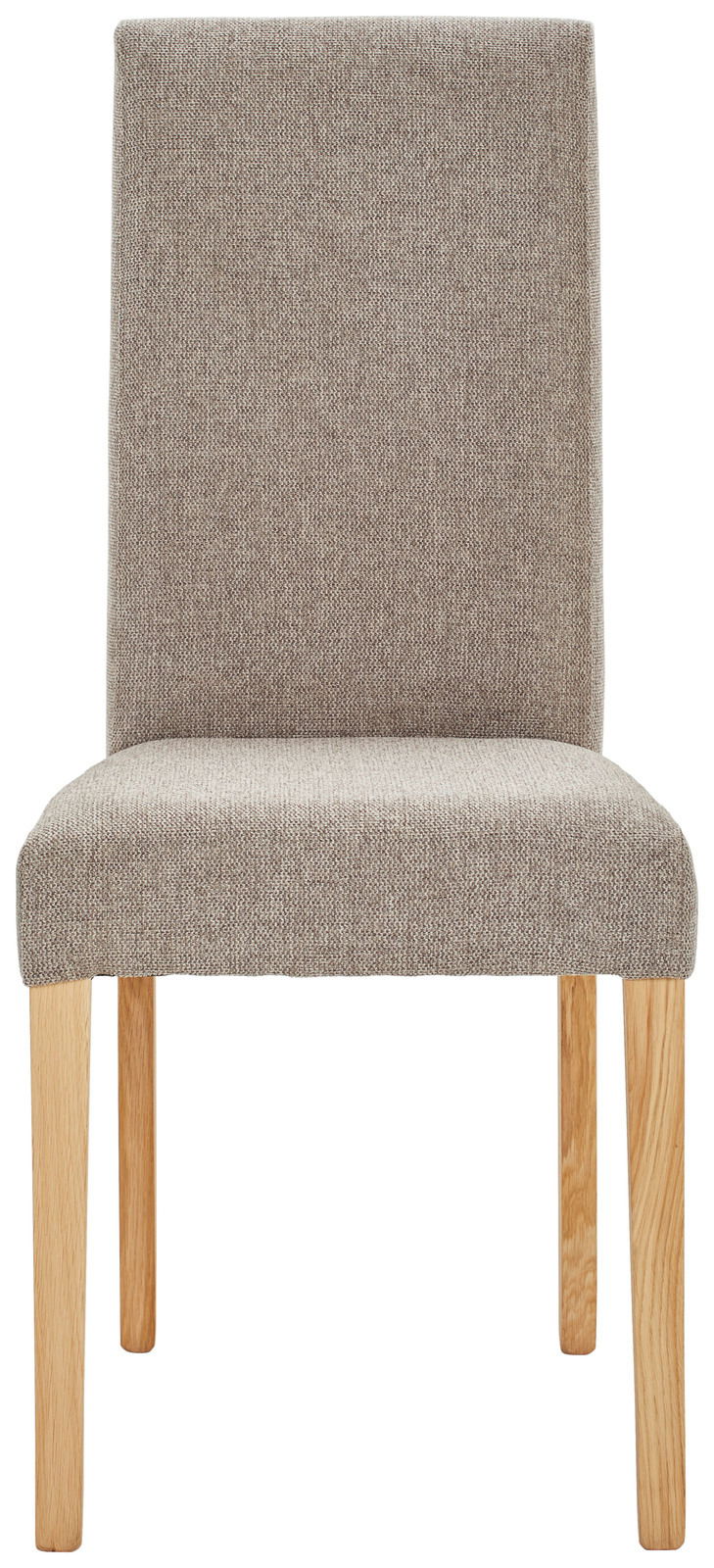 Frontansicht eines gepolsterten Stuhls mit hellbraunem Stoffbezug und Holzbeinen.