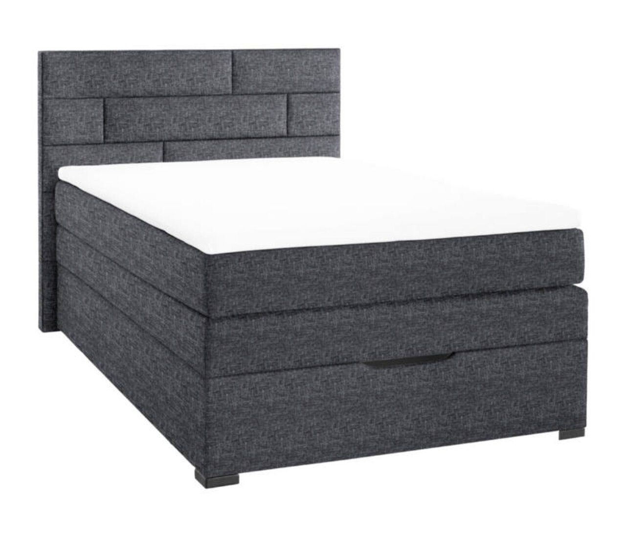Graues Boxspringbett mit gestepptem Kopfteil, seitliche Perspektive