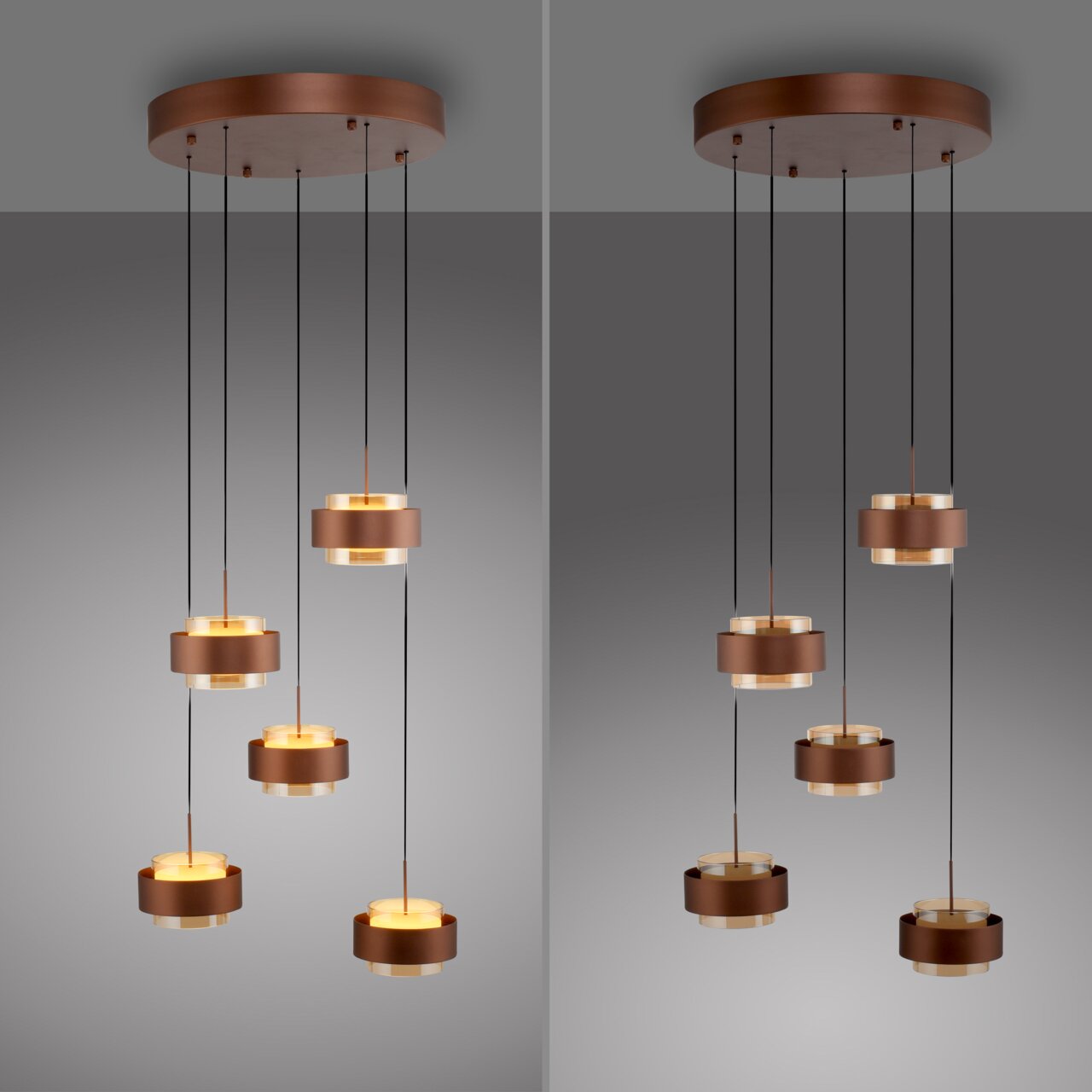 Moderne LED-hanglamp met meerdere ronde, bronskleurige lichtelementen, hangend aan het plafond. Zijaanzicht.