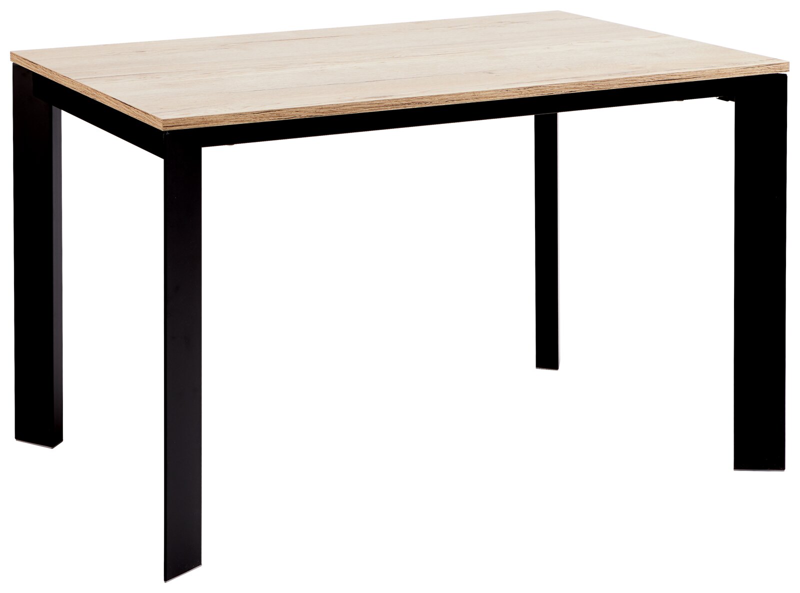 Moderner Esstisch mit heller Holzplatte und schwarzen Metallbeinen, seitliche Perspektive