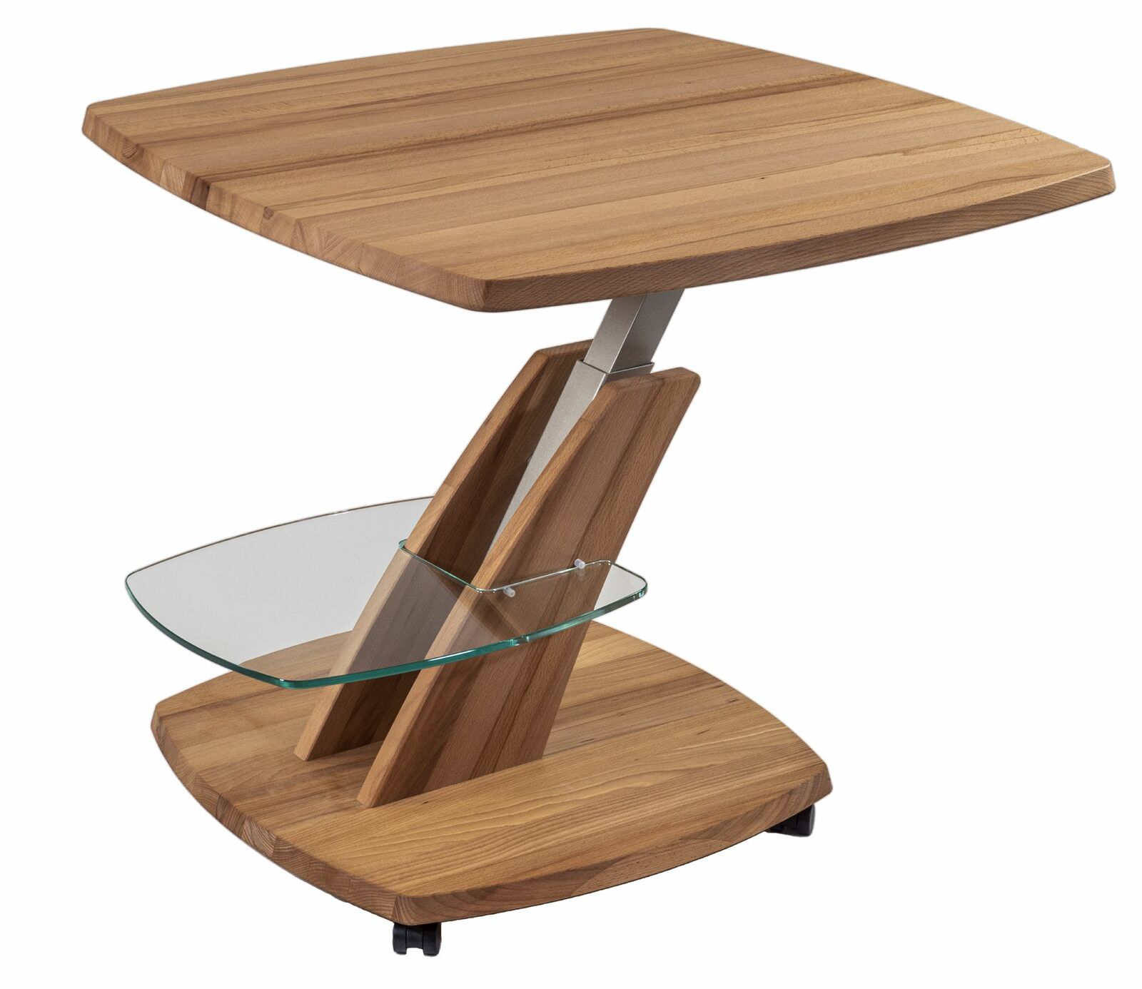 Moderner Couchtisch aus Holz mit Glasablage, seitliche Perspektive