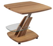 Moderner Couchtisch aus Holz mit Glasablage, seitliche Perspektive