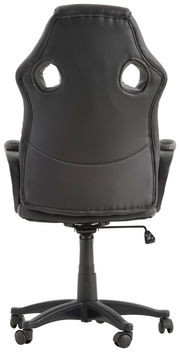 Rückansicht eines schwarzen Gaming-Stuhls mit ergonomischem Design und Rollen