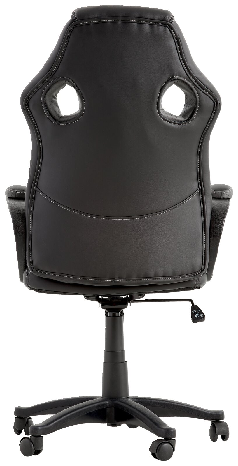 Rückansicht eines schwarzen Gaming-Stuhls mit ergonomischem Design und Rollen