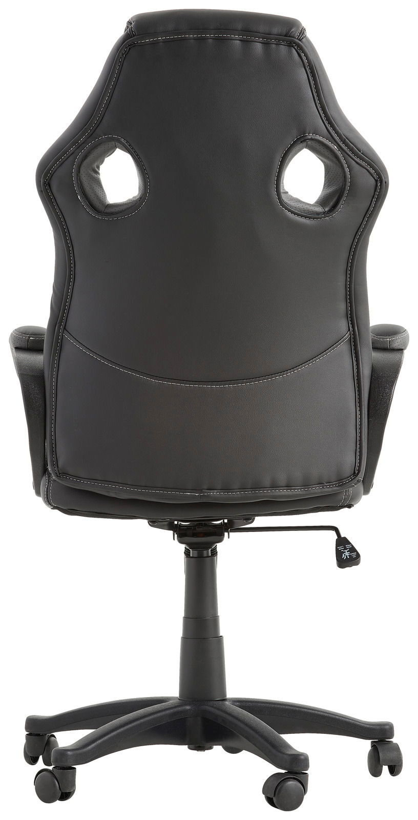 Rückansicht eines schwarzen Gaming-Stuhls mit ergonomischem Design und Rollen