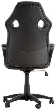 Rückansicht eines schwarzen Gaming-Stuhls mit ergonomischem Design und Rollen