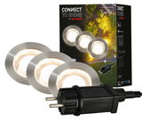 Starter Set aus Edelstahl mit drei runden LED-Leuchten und einem Stecker, perspektivisch von vorne gezeigt.