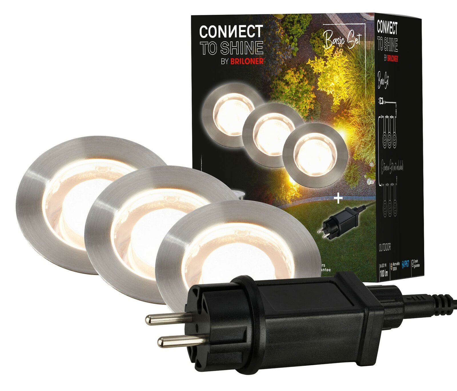 Starter Set aus Edelstahl mit drei runden LED-Leuchten und einem Stecker, perspektivisch von vorne gezeigt.