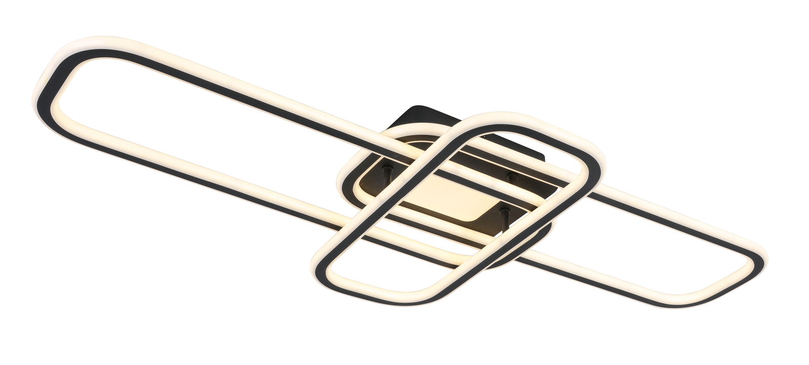 Moderne LED-Deckenleuchte mit rechteckigen, ineinander verschlungenen Rahmen, seitliche Perspektive