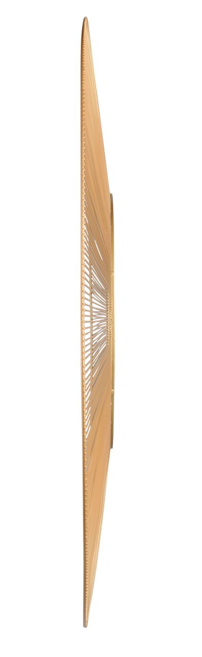 Seitenansicht eines runden Spiegels mit einem dekorativen, goldfarbenen Rahmen.