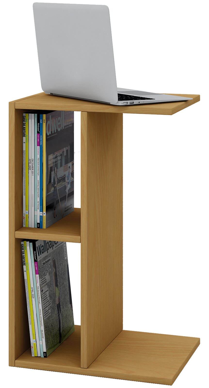 Moderner Beistelltisch aus hellem Holz mit integriertem Zeitschriftenregal und Laptopablage, schräg von vorne links auf weißem Hintergrund