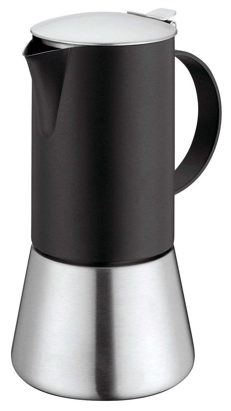 Espressokocher Aida Due 6T aus Edelstahl und schwarzem Material, seitliche Perspektive