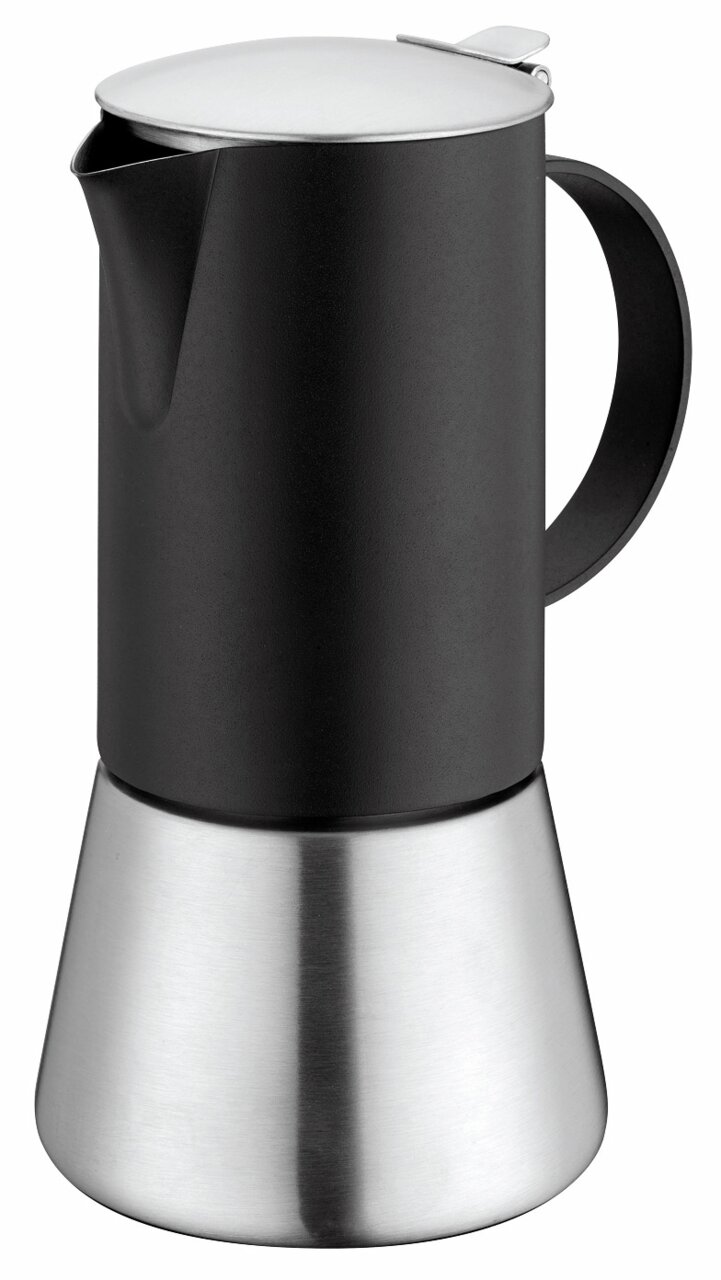Espressokocher Aida Due 6T aus Edelstahl und schwarzem Material, seitliche Perspektive