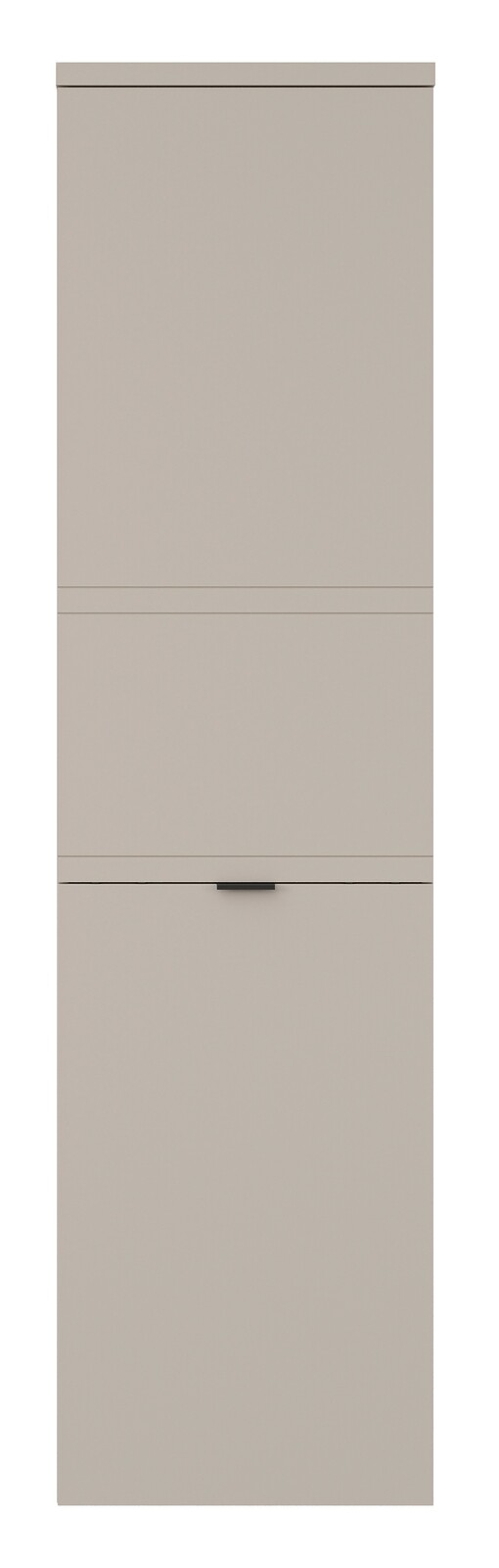 Frontansicht eines einfarbigen, hochformatigen Standelements mit einer Tür und einem Griff in der Mitte.