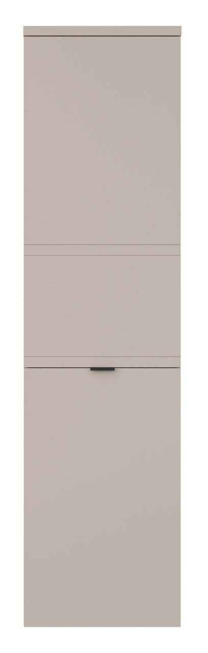 Frontansicht eines einfarbigen, hochformatigen Standelements mit einer Tür und einem Griff in der Mitte.