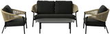 Frontale Ansicht der Loungegarnitur CELIA mit zwei Sesseln, einem Sofa und einem Tisch in modernem Design.