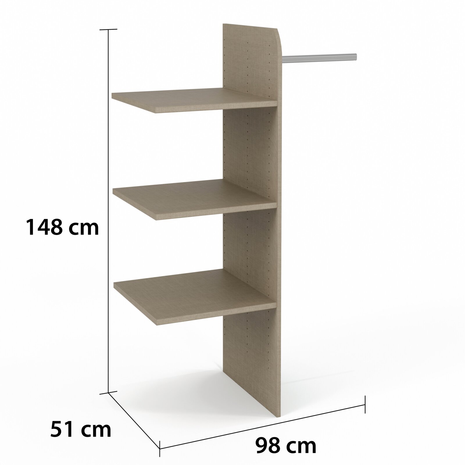 Zijaanzicht van een kast met zes draaideuren en drie legplanken, afmetingen: 148 cm hoog, 98 cm breed, 51 cm diep.