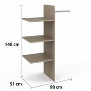 Zijaanzicht van een kast met zes draaideuren en drie legplanken, afmetingen: 148 cm hoog, 98 cm breed, 51 cm diep.