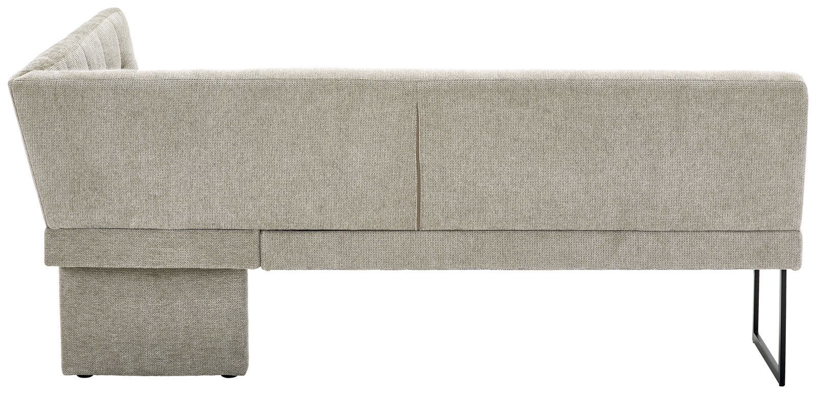 Rückansicht einer grauen Eckbank mit Metallbeinen, Perspektive von hinten.