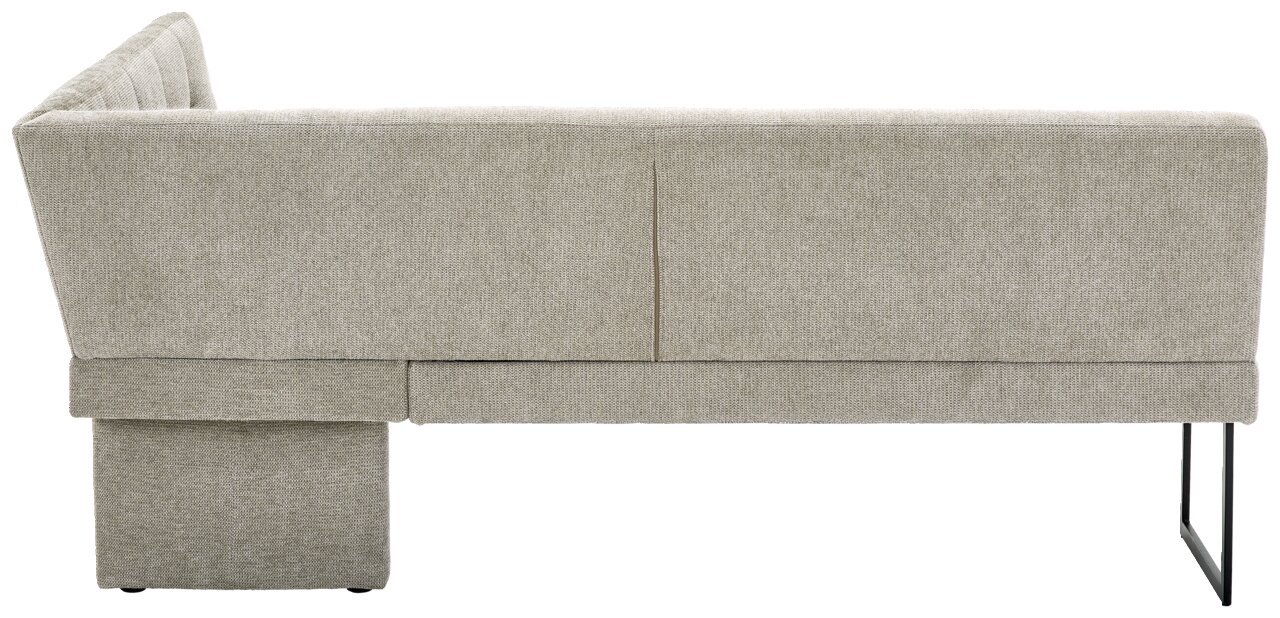 Rückansicht einer grauen Eckbank mit Metallbeinen, Perspektive von hinten.